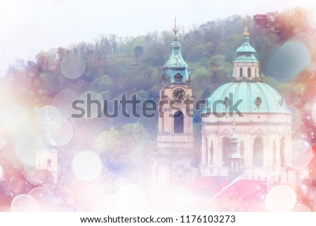 pink Prague background and red roofs / background of the blurred landscape of the czech republic, Prague, panoramic view of the red roofs of Prague
