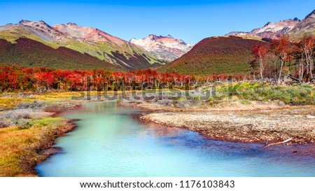 Beautiful landscape of lenga forest, mountains at Tierra del Fuego National Park, Patagonia, autumn Royalty-Free Stock Photo #1176103843