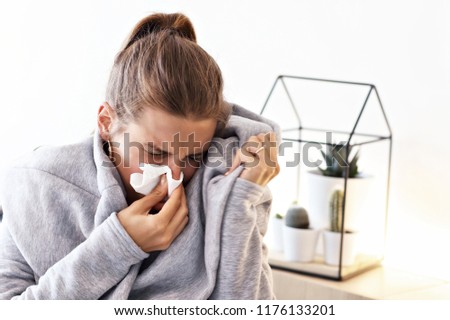 Picture showing sick adult woman at home