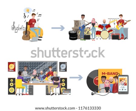 Music production stages. Man write a song, start a band and record a music album in sound studio. Becoming popular band concept.