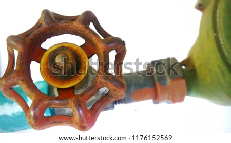 
Old rust valve blue water pipe on a white background