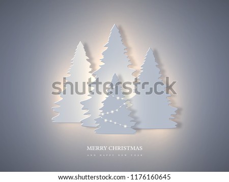 Christmas holiday banner with paper cut style fir-tree and glowing lights. New year background. Vector illustration.