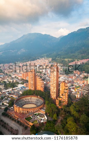 panoramic view of the city of Bogotá with the bullring and housing buildings. Colombia Royalty-Free Stock Photo #1176185878