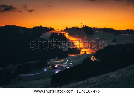 Sunset sky in night ski resort - winter photo, edit space
