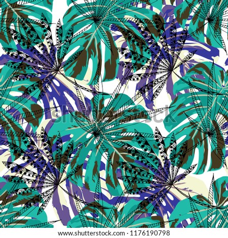 Tropical Trees. Seamless Pattern with Hawaiian Rainforest. Modern Colorful Texture for Fabric, Wallpaper, Linen. Vector Tropical Pattern.