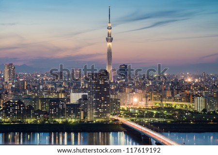 Tokyo city and Tokyo skytree at dusk Royalty-Free Stock Photo #117619192