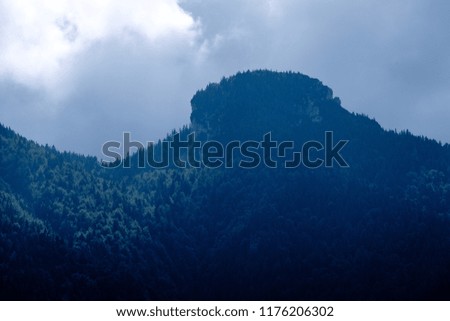 panoramic view of misty forest in western carpathian mountains. Tatra in foggy sunset, far horizon. Slovakia in early autumn