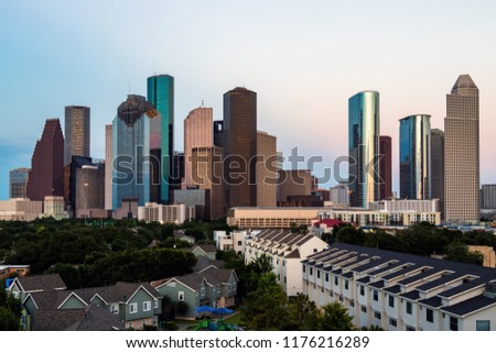 Downtown Houston skyline with apartments and condos near by