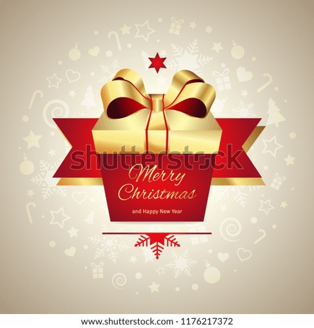 Merry Christmas greeting card, gift box with gold red ribbon, vector New Year illustration