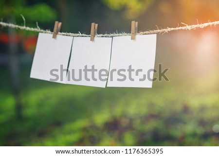 Close up of three white note papers hung by wooden clothes pegs on the background of park.