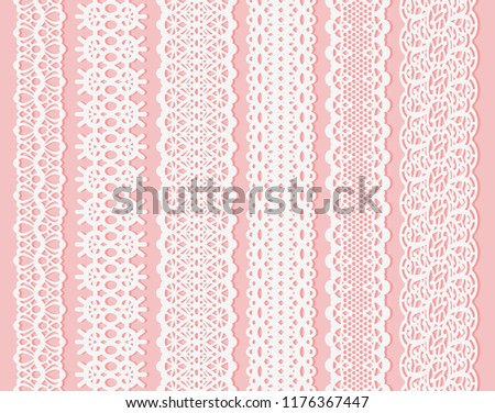 Blockprint wide lace ribbon set. White Design Elements Isolated on Pink Background Seamless pattern suitable for laser cutting paper or wood, to create wedding invitation and card. Vector illustration