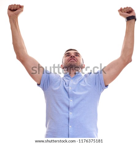 man screaming mouth open, hold head hand, wear casual blue shirt, isolated white background, concept face emotion.