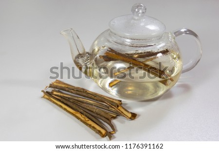 White Willow Bark Medical tea. Tea from Willow Bark close-up. Alternative Medicine - Dry medical herbs. Pot with decoction 