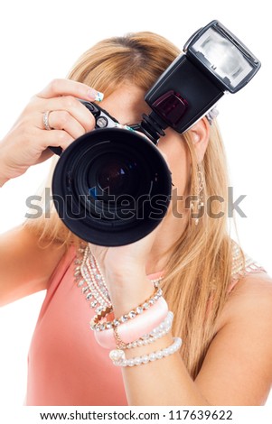 Close up of female photographer, isolated on white background.