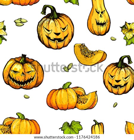 Colorful halloween pumpkin with evil scary smile. Hand drawn vector illustration. Seamless pattern. Engraved style illustration. Halloween night.