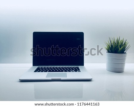 Green leaves plant in a white pot vase lie near computer with black screen on a white clear minimalist modern desk table, front view