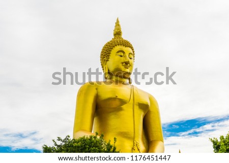 Scenery of Big Golden Buddha statue at Wat Muang Temple landmark of angthong province, Thailand