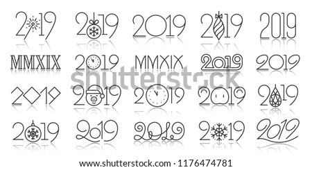 2019 year thin line icon set. Outline sign kit of 20-19. Number banner linear icons includes subtle script, creative font, winter typography. Simple 2019 black contour symbol vector Illustration
