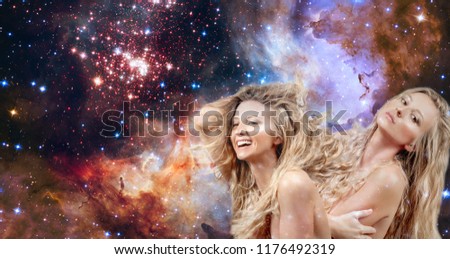 Beautiful blonde woman with curly long hair. Horoscope, Gemini Zodiac Sign on night sky background