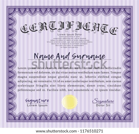 Violet Certificate template. With guilloche pattern and background. Elegant design. Customizable, Easy to edit and change colors. 
