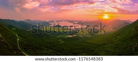 Aerial panorama view of Gyeryongsan mountain with sunset in Gohyeon city of South Korea. Aerial panorama landscape of Geoje island, South Korea.