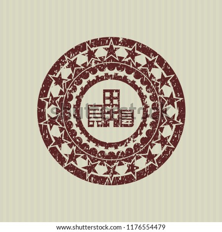 Red buildings icon inside distress grunge stamp
