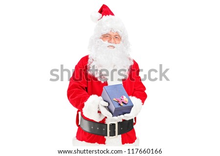 A happy santa claus with a giftbox in his hands isolated on white background