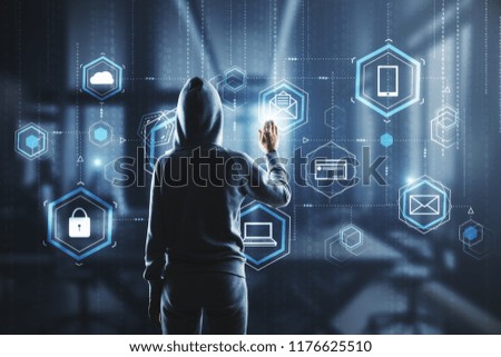 Young hacker using digital interface. Global future and hacking concept. Double exposure 