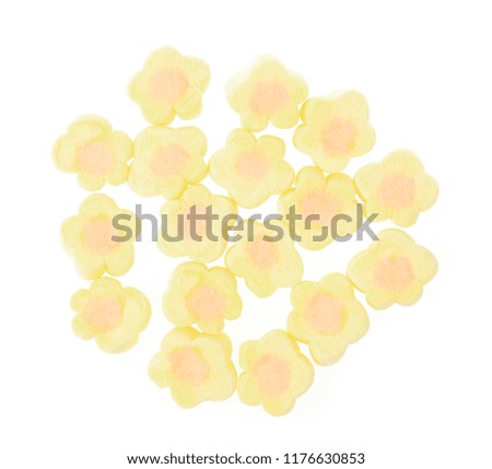 Close Up of sweet marshmallow in the shape of flower isolated on white background 