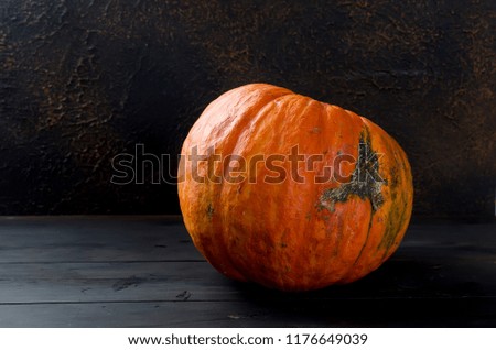 Top view of autumn harvest with pumpkins on dark wooden table, autumn background, copy space, 