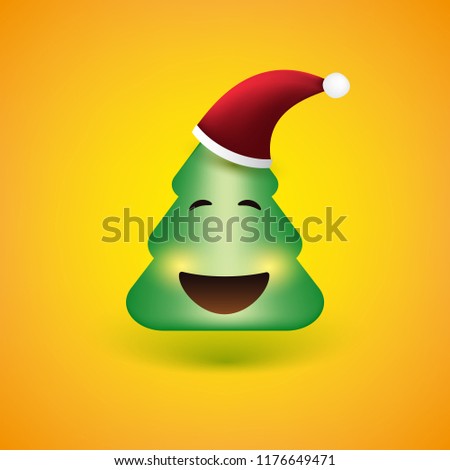 Smiling Emoji - Simple Christmas Tree Shaped Emoticon on Yellow Background - Vector Design