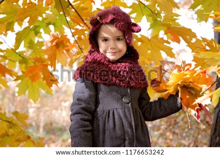 Cute little girl in knitted hood and grey coat staying with a bunch of bright fallen leaves among autumn forest, autumn outdoor, warm family day concept