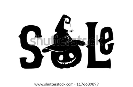 Black silhouette of halloween pumpkin in witch hat and text sale. Vector illustration