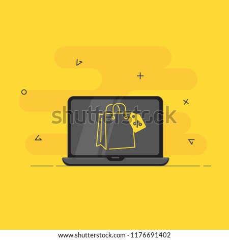 Online shopping. Trendy flat vector on yellow background.