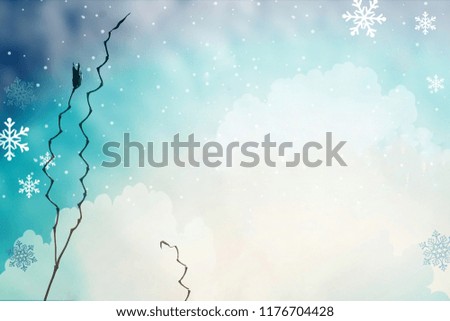 Beautiful winter background. Tree, snowflakes , blue sky and cloud. Season greeting. Free space for text. Can be use for advertising, card, invitation, brochure, banner. 