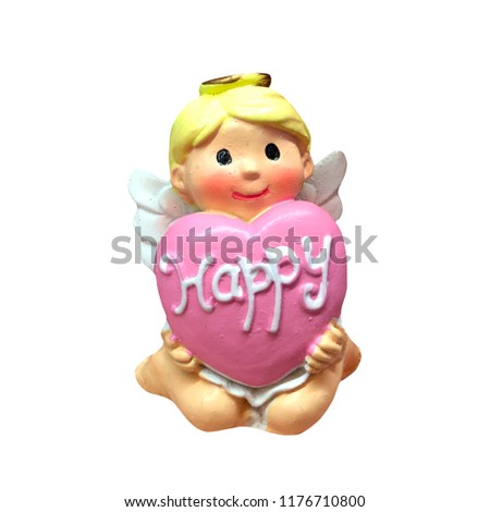 Cupid doll with happy text isolated on white background.