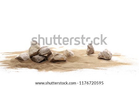 Rocks in sand pile isolated on white background and texture Royalty-Free Stock Photo #1176720595