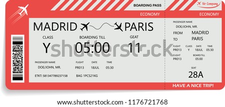 Vector illustration of pattern of airline boarding pass ticket in red colors. Concept of travel, journey or business trip. Isolated on white. Royalty-Free Stock Photo #1176721768