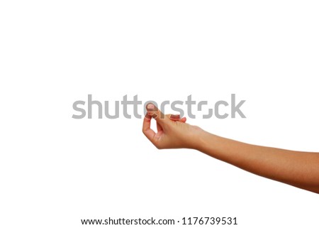 left hand of Asian woman show is beckoning gesture isolated on white background for call person or something