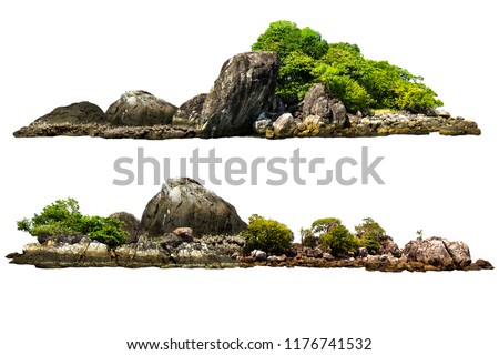 The trees on the island and rocks. Isolated on White background