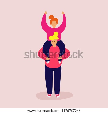 Smiling girl sits on shoulders of guy and hands up. Happy friendship day. Vector illustration in bright Pink colors. Web Banner Ad Poster Welcome Greeting card. Easy editable shapes objects