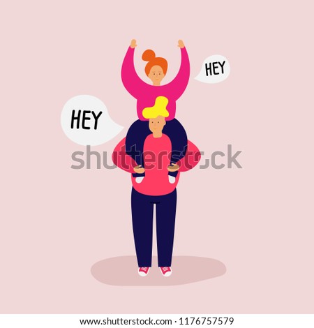 Smiling girl sits on shoulders of guy and raise two hands. Hey text message. Vector illustration in bright Pink colors. Web Banner Ad Poster Welcome Greeting card. Easy editable shapes objects