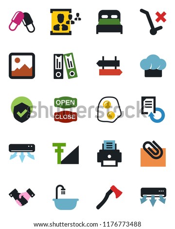 Color and black flat icon set - signpost vector, handshake, office binder, document reload, axe, pills, no trolley, shield, gallery, cellular signal, paper clip, hr, printer, bedroom, bathroom