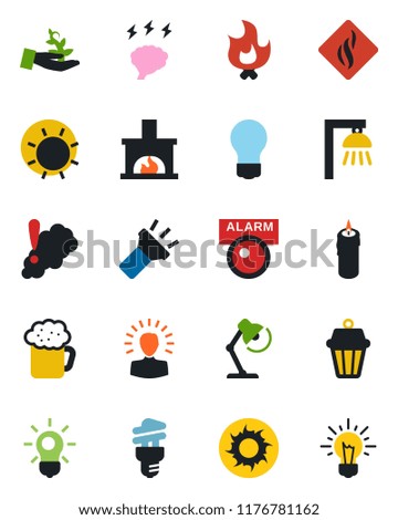 Color and black flat icon set - brainstorm vector, bulb, fire, sun, torch, desk lamp, fireplace, beer, candle, smoke detector, energy saving, outdoor, alarm led, palm sproute, shining head, idea