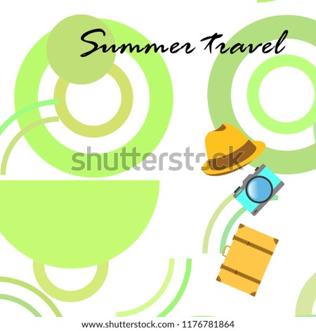 summer travel suitcase hat flip-flops umbrella camera vector background
