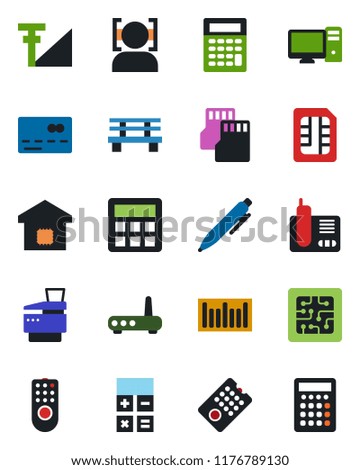 Color and black flat icon set - credit card vector, calculator, pen, bench, barcode, radio phone, sd, sim, face id, cellular signal, copier, smart home, chip, remote control, router, pc