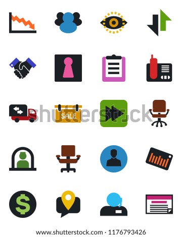 Color and black flat icon set - female vector, reception, office chair, dollar sign, mobile tracking, clipboard, barcode, radio phone, group, fast forward, user, data exchange, eye id, support, sale