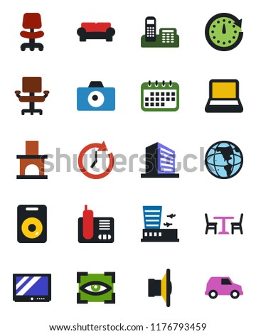 Color and black flat icon set - cafe vector, camera, airport building, office, chair, fireplace, speaker, tv, radio phone, notebook pc, cushioned furniture, eye scan, clock, earth, calendar, car