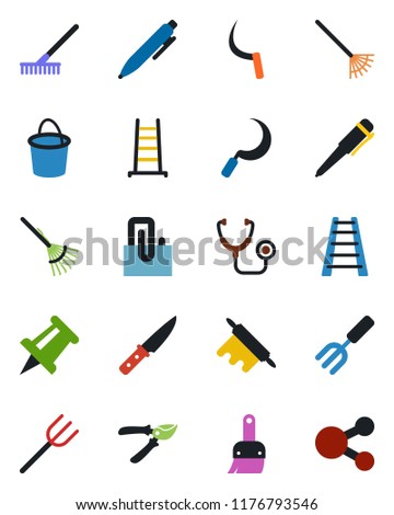 Color and black flat icon set - pen vector, drawing pin, garden fork, farm, rake, ladder, bucket, pruner, sickle, stethoscope, themes, paper clip, rolling, knife, social media
