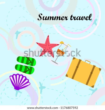 summer travel suitcase cocktail shell seashell star flip flops vector background